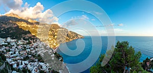 Touristic Town, Positano, on Rocky Cliffs and Mountain Landscape by the Sea. Amalfi Coast, Italy.