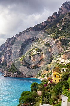 Touristic Town, Positano, on Rocky Cliffs and Mountain Landscape by the Sea. Amalfi Coast, Italy