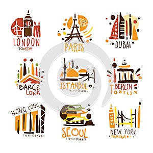 Touristic Travel Agency Set Of Colorful Promo Sign Design Templates With Different Tourism Cities And Their Architecture