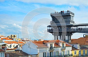 Touristic view point Elevador de Santa Justa above Lisbon cityscape, Portugal