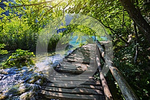 Wooden pathway for nature trekking in Plitvice Lakes National Park, Croatia