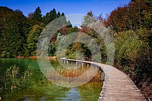 Touristic wooden pathway in Plitvice National Park, Croatia