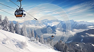 Tourists ascend snowy peak, skiing adventure unfolds via cable car.AI Generated