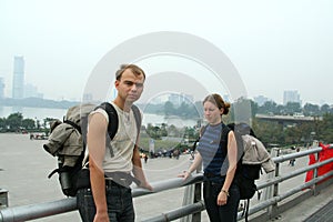 Tourists with backpacks