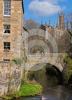 Tourists on Bells Brae bridge at Dean Village Edinburgh Scotland