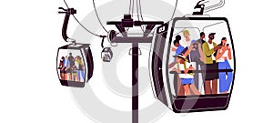 Tourists in cable car of cableway. People travel by aerial tram, standing inside transparent glass cablecar, cabin