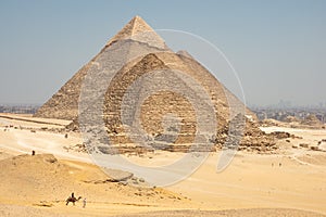 Tourists on camels are seeing Giza pyramids