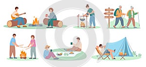 Tourists camping set. Campers people characters with tent, bonfire, cooking, hiking, relaxing, playing guitar. Summer photo