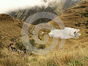 Tourists climbing the Inca trail