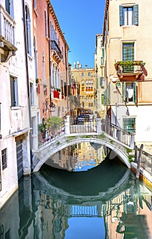 Touirists Colorful Small Side Canal Bridge Venice Italy photo
