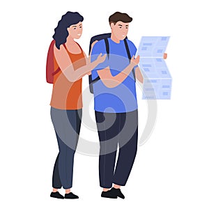 Tourists couple learning paper map position route vacation vector flat illustration