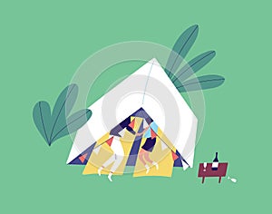 Tourists couple lying at camping tent decorated by flag garland vector flat illustration. Happy enamored pair sleeping