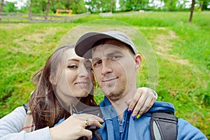 Tourists couple in the mountains