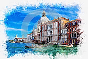 Tourists crossing tragetto through the Grand Canal, Venice, Veneto, Italy. Art sketch.