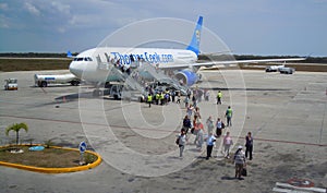 Tourists disembarking aircraft on holiday