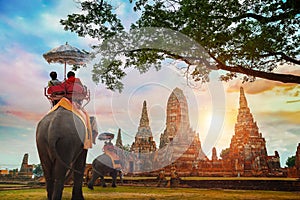 Tourists with Elephants at Wat Chaiwatthanaram temple in Ayuthaya Historical Park, Thailand photo