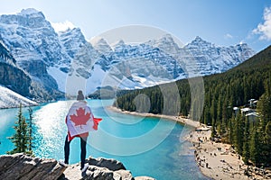 Tourists enjoying the beautiful scenery of Moraine lake. Banff National Park, Alberta, Canada.