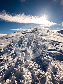 Tourists enjoying high mountains in snow on a sunny day