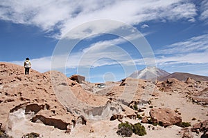 Tourists explore Ollague Volcano, Uyuni, Bolivia