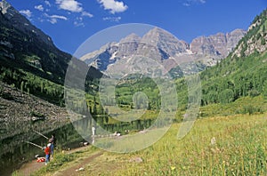 Tourists Fishing In Maroon Lake,