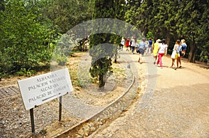 Tourists in the gardens of Generalife. Alhambra, Alcazaba, Nasrid Palaces, Charles V Palace. Granada, Andalusia, Spain