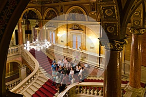 Tourists on a guided tour in the Hungarian State Opera house, Budapest