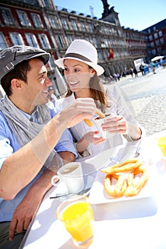 Tourists having breakfast in Madrid