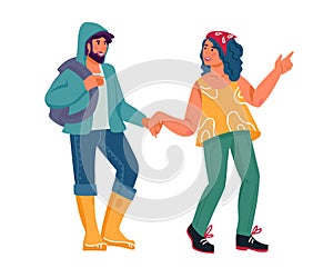 Tourists or hikers characters with backpack traveling on nature, vector isolated