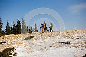Tourists Hiking in the mountains.