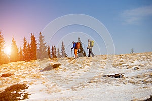 Tourists Hiking in the mountains.