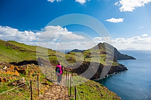 Tourists hiking on Ponta de Sao Lourenco, Madeira,Portugal