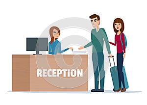 Tourists at hotel reception. Business cartoon concept Vector