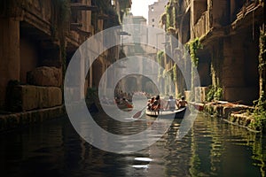 Tourists kayaking in the canal at Dubai Creek, Rowers grow out of concrete in a lost city, AI Generated