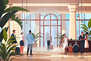 tourists with luggage departing from business trip standing at reception desk in hotel lobby recreation travel check-in