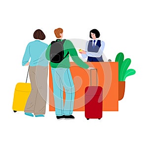 Tourists man and woman standing with travel stroller suitcases in the hotel reception. Vector illustration in flat