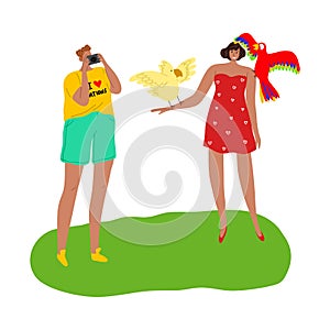 Tourists man and woman taking a photo with red and yellow parrots. Vector illustration in flat cartoon style