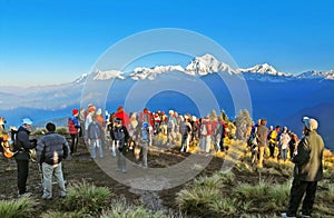 Tourists meet the sunrise at top of Poon Hill, Nepal