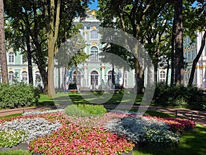 Tourists near in the courtyard of the Winter Palace. Saint Petersburg, Russia