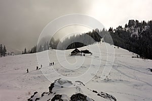 Tourists near the mountain cabin