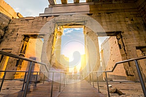 Tourists pass through the Propylaea entrance to the Parthenon, motion blur