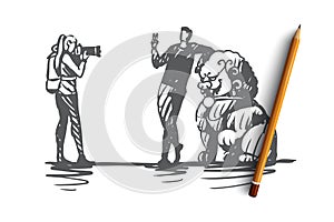 Tourists, photo, statue, city, traveling concept. Hand drawn isolated vector.