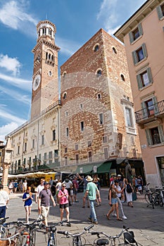 Piazza delle Erbe with the Torre dei Lamberti bell tower in the old town of Verona in Italy