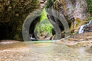 Tourists rafting in rubber boats on river Abasha in Martvili canyon, Georgia