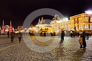 Tourists on Red Square in Moscow in night