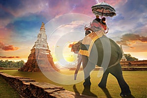 Tourists Ride an Elephant at Wat Chaiwatthanaram temple in Ayuthaya, Thailand