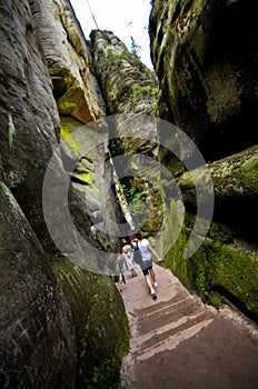 Tourists in Rock Town Park, Adrspach, Czech Republic