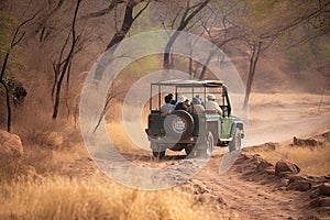 Tourists Safari jeep enjoying game driver Ranthambore National Park, Sawai Madhopur, India