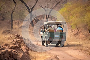 Tourists Safari jeep enjoying game driver Ranthambore National Park, Sawai Madhopur, India
