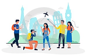 Tourists are at sightseeing flat travel concept vector illustration. People making photo and selfie for memory. Travel