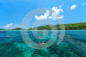 Tourists swimming and snorkeling in Andaman sea at Phi Phi islands one of the most beautifull island in Thailand